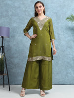 Load image into Gallery viewer, Olive Green Mulchanderi Straight Cut Suit Set with Hand Embroidery