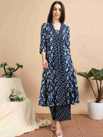 Load image into Gallery viewer, Cobalt Blue Block Print Cotton Anarkali Kurta, Solid Pants & Printed Dupatta Set