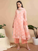 Load image into Gallery viewer, Peach Banarasi Chanderi Handloom woven A-Line Kurti, Pant and Dupatta Set