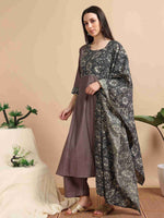 Load image into Gallery viewer, Warm Brown Vetican Silk Solid Hand work A-line Kurti, Pant and Dupatta Set