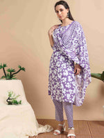 Load image into Gallery viewer, Orchid Purple Cotton Printed Straight Kurti, pant and Printed Dupatta