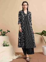 Load image into Gallery viewer, Black & White Block Print Cotton Anarkali Kurta, Solid Pants & Printed Dupatta Set