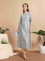 Load image into Gallery viewer, Grey Solid Cherry Silk with Embroidery Flair Kurti