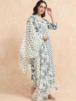 Load image into Gallery viewer, Ivory & Blue Floral Block Print Cotton Anarkali Kurta, Solid Pants & Printed Dupatta Set