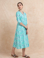 Load image into Gallery viewer, Light Teal Floral Linen Cotton Printed Flair Kurti