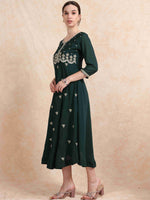 Load image into Gallery viewer, Deep Green Poly Shimmer Embroidered Solid Flared Kurti