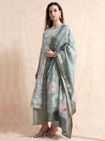 Load image into Gallery viewer, Sage Green lychee Silk Floral Printed Flair Kurti, Pant and Printed Dupatta