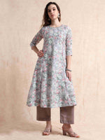 Load image into Gallery viewer, Grey lychee Silk Floral Printed Flair Kurti, Pant and Printed Dupatta