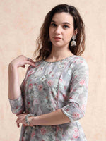 Load image into Gallery viewer, Grey lychee Silk Floral Printed Flair Kurti, Pant and Printed Dupatta