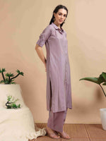 Load image into Gallery viewer, Lavender Button-Down Vetican Kurta And Wide-Leg Pant Co-ord Set