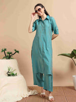 Load image into Gallery viewer, Teal Button-Down Vetican Kurta And Wide-Leg Pant Co-ord Set