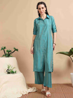Load image into Gallery viewer, Teal Button-Down Vetican Kurta And Wide-Leg Pant Co-ord Set