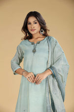 Load image into Gallery viewer, Sea Green Linen Shimmer A-Line Kurti Set