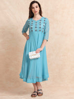 Load image into Gallery viewer, Light Blue Poly Shimmer Embroidered Solid Flared Kurti