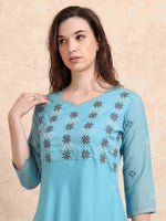 Load image into Gallery viewer, Light Blue Poly Shimmer Embroidered Solid Flared Kurti