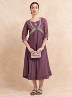 Load image into Gallery viewer, Plum Purple Poly Shimmer Embroidered Solid Flared Kurti