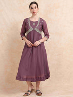 Load image into Gallery viewer, Plum Purple Poly Shimmer Embroidered Solid Flared Kurti