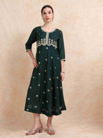 Load image into Gallery viewer, Deep Green Poly Shimmer Embroidered Solid Flared Kurti