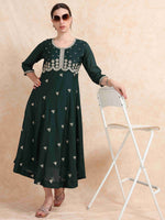 Load image into Gallery viewer, Deep Green Poly Shimmer Embroidered Solid Flared Kurti