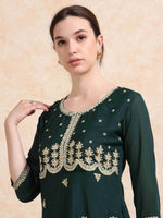 Load image into Gallery viewer, Deep Green Poly Shimmer Embroidered Solid Flared Kurti