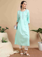 Load image into Gallery viewer, Mint Green Rayon Embroidered A-Line Kurti