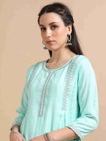 Load image into Gallery viewer, Mint Green Rayon Embroidered A-Line Kurti