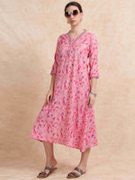 Load image into Gallery viewer, Pink Floral Printed Linen Cotton Flair Kurti
