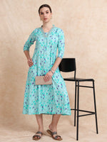 Load image into Gallery viewer, Light Teal Floral Linen Cotton Printed Flair Kurti