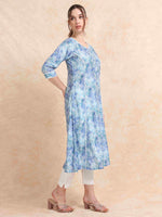 Load image into Gallery viewer, Blue Grey Floral Digital Print with Lace work A-line Kurti