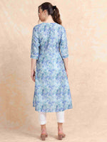 Load image into Gallery viewer, Blue Grey Floral Digital Print with Lace work A-line Kurti