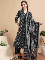 Load image into Gallery viewer, Black & White Block Print Cotton Anarkali Kurta, Solid Pants & Printed Dupatta Set