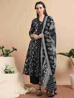 Load image into Gallery viewer, Black & White Block Print Cotton Anarkali Kurta, Solid Pants & Printed Dupatta Set