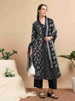 Load image into Gallery viewer, Black & White Block Print Cotton Anarkali Kurta, Solid Pants & Printed Dupatta Set