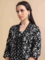 Load image into Gallery viewer, Black & White Block Print Cotton Anarkali Kurta, Solid Pants & Printed Dupatta Set