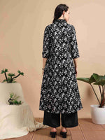 Load image into Gallery viewer, Black & White Block Print Cotton Anarkali Kurta, Solid Pants & Printed Dupatta Set