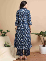 Load image into Gallery viewer, Cobalt Blue Block Print Cotton Anarkali Kurta, Solid Pants & Printed Dupatta Set