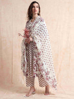 Load image into Gallery viewer, Ivory & Maroon Floral Block Print Cotton Anarkali Kurta, Solid Pants & Printed Dupatta Set