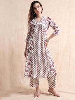 Load image into Gallery viewer, Ivory & Maroon Floral Block Print Cotton Anarkali Kurta, Solid Pants & Printed Dupatta Set