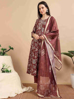 Load image into Gallery viewer, Maroon Vatican Shimmer Floral Printed Anarkali Kurta, Solid Pants & Printed Dupatta Set