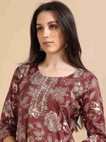 Load image into Gallery viewer, Maroon Vatican Shimmer Floral Printed Anarkali Kurta, Solid Pants & Printed Dupatta Set
