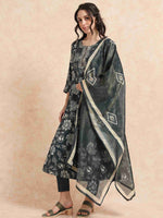 Load image into Gallery viewer, Dark Green Vatican Shimmer Floral Printed Anarkali Kurta, Solid Pants & Printed Dupatta Set