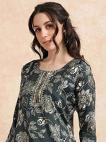Load image into Gallery viewer, Dark Green Vatican Shimmer Floral Printed Anarkali Kurta, Solid Pants & Printed Dupatta Set