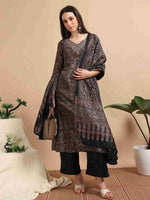 Load image into Gallery viewer, Black Digital Print Naps Silk Embroidered A-Line Kurti, Pants and Dupatta Set