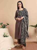 Load image into Gallery viewer, Warm Brown Vetican Silk Solid Hand work A-line Kurti, Pant and Dupatta Set