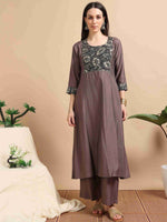 Load image into Gallery viewer, Warm Brown Vetican Silk Solid Hand work A-line Kurti, Pant and Dupatta Set