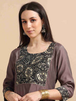 Load image into Gallery viewer, Warm Brown Vetican Silk Solid Hand work A-line Kurti, Pant and Dupatta Set