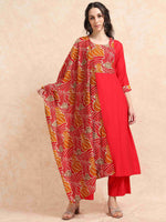 Load image into Gallery viewer, Red Vetican Silk Solid Hand work A-line Kurti, Pant and Dupatta Set