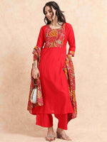 Load image into Gallery viewer, Red Vetican Silk Solid Hand work A-line Kurti, Pant and Dupatta Set