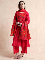 Load image into Gallery viewer, Red Vetican Silk Solid Hand work A-line Kurti, Pant and Dupatta Set