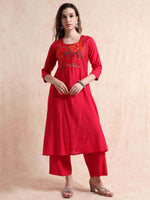 Load image into Gallery viewer, Red Vetican Silk Solid Hand work A-line Kurti, Pant and Dupatta Set